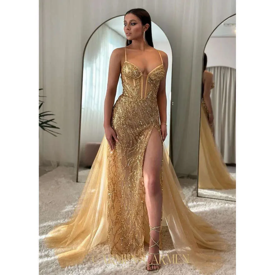 Mermaid Gold Prom Dress With Thigh Split & Detachable... From Factory Sale,  $310.01 | DHgate.Com