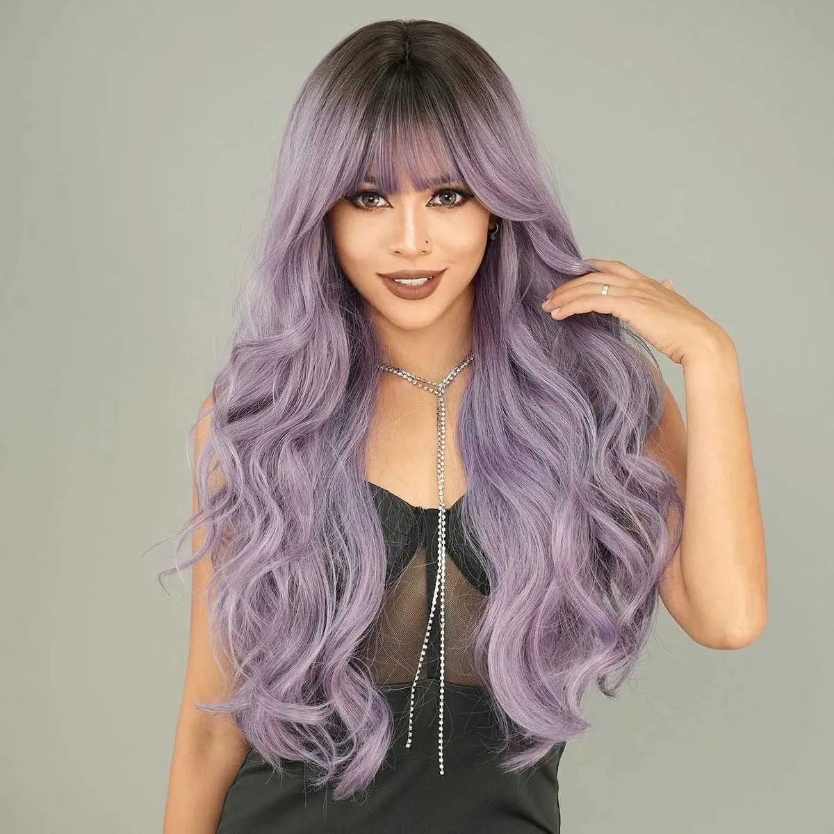 7JHH Wigs Long Wavy Purple Synthetic Wig With Dark Roots 