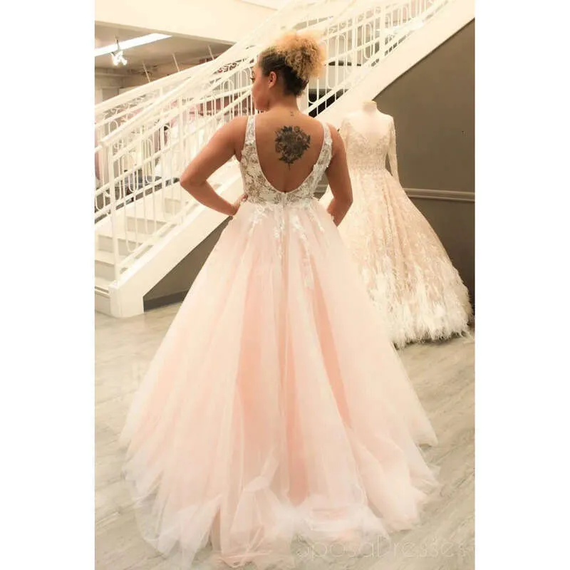 dusky pink wedding dress Blush Pink A-Line Wedding Dress with V-Neckline and Tulle Layers