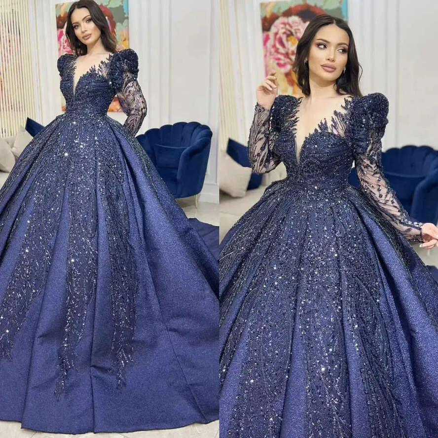 Vestidos De Noche Azul Azul Marino Elegante Manga Larga De Mangas