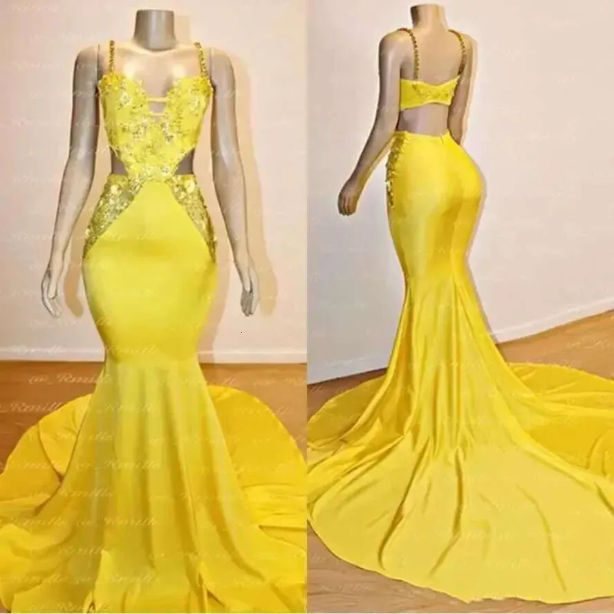 Satin Mermaid Evening Gown: Yellow Spaghetti Strap, Lace Applique