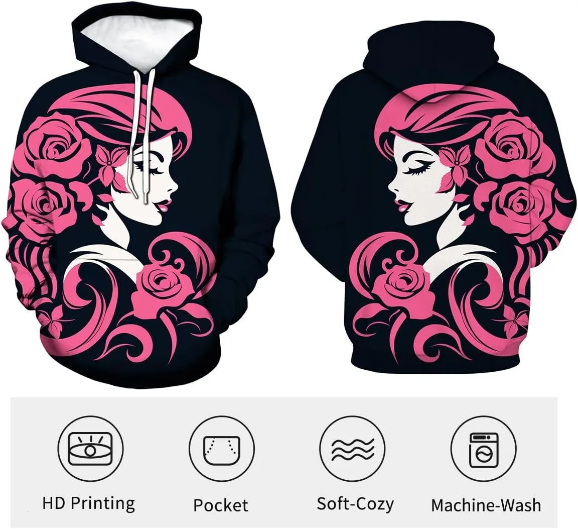 Unisex 3D Graphic Print Hoodie With Pink Roses And From
