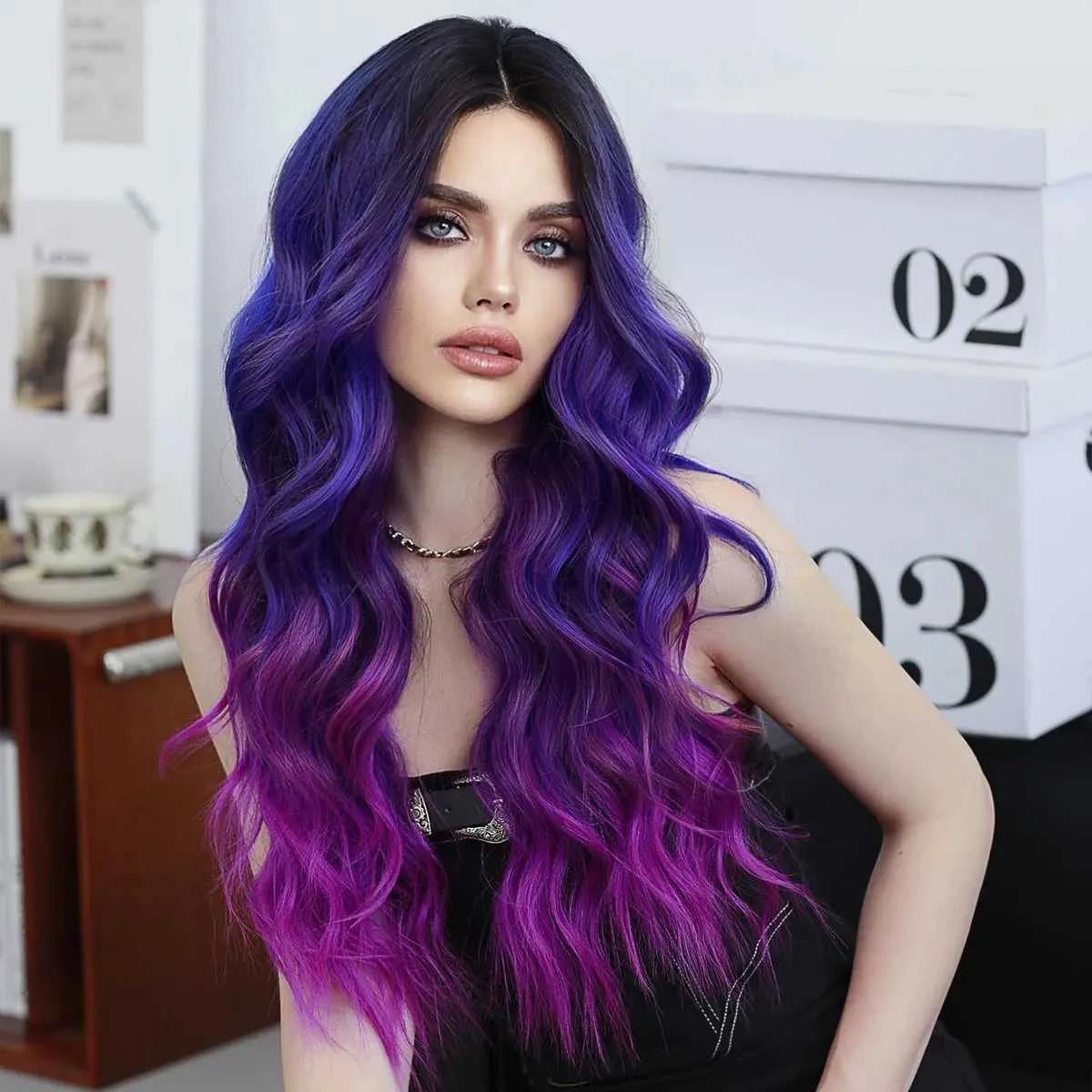 Blue Purple Brazlian Full Lace Wig 20-22 inches!! HD Transparent Lace Front Wig Blue Ombre Purple Body Wavy  main image 3