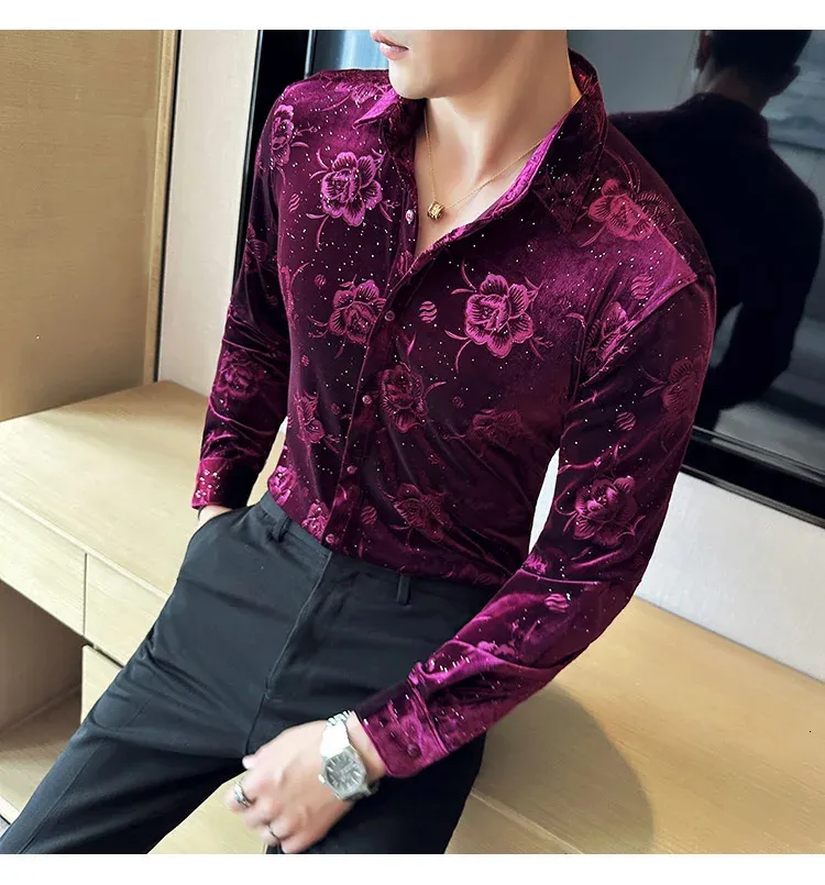 Men's Swan Velvet Long Sleeve Velvet shirt mens with Printed Lapel Top - Perfect for Business, Casual, Formal and Party Wear (Style #241113)