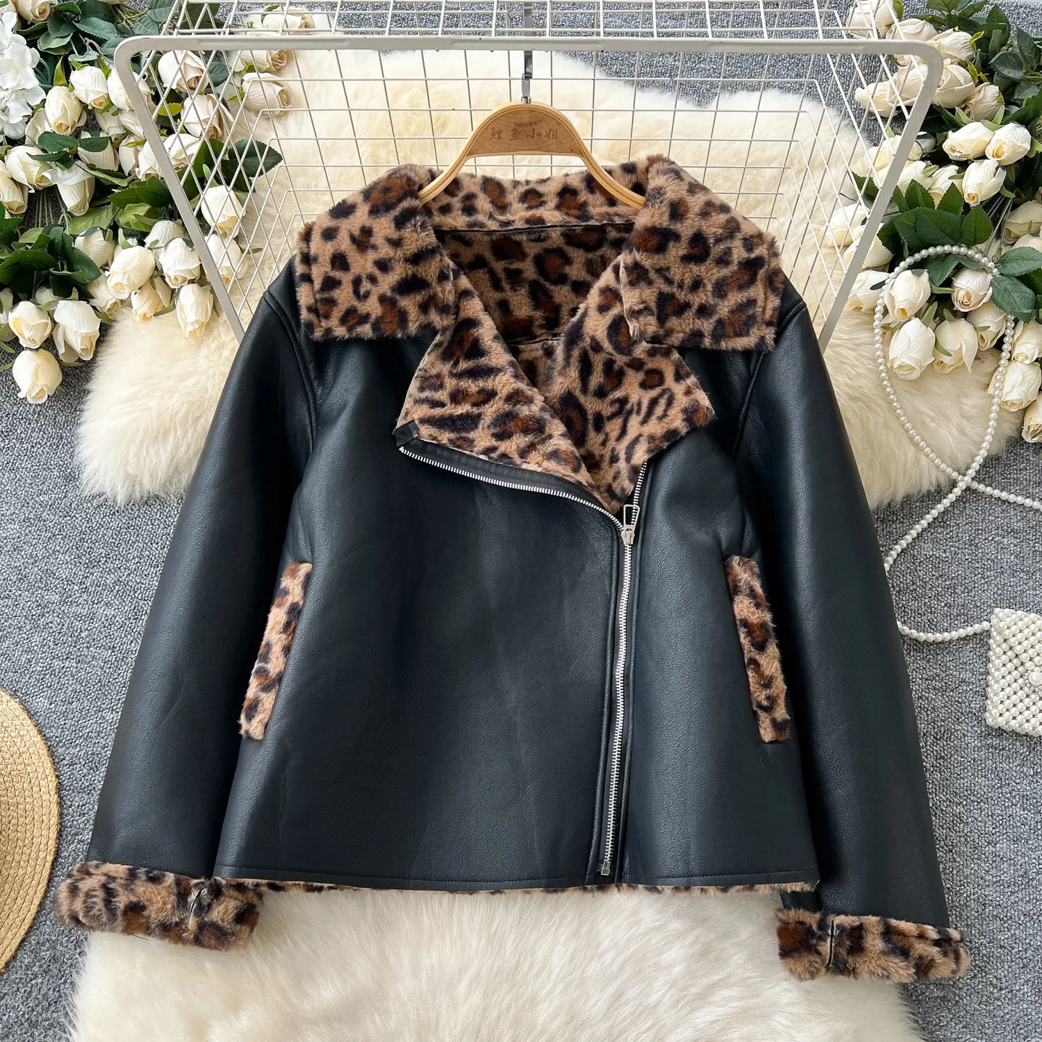 Save Big on Bulk Faux Fur Jacket Leopard Print Faux Fur Leopard Coat Winter  Leopard Print Plush Faux Fur Leather Jacket, Oversized Long Sleeve Warm PU 