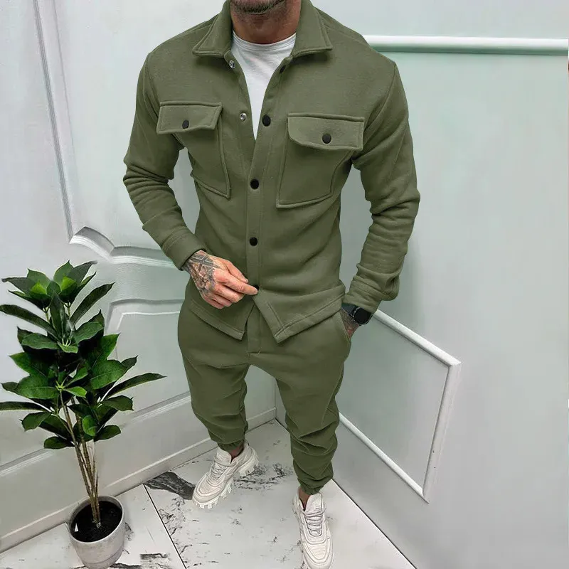 Mens Two Piece Pants Sets: Cotton Blend Suede Casual Set Button