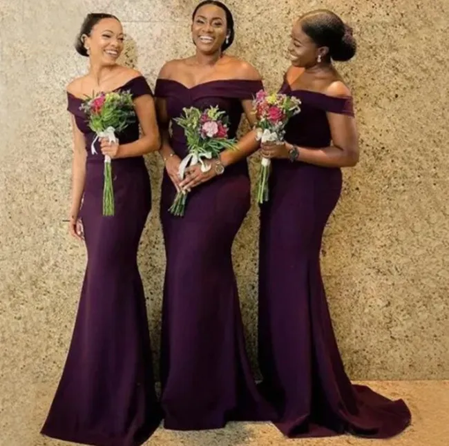 Dark Purple Bridesmaid Dresses Mermaid Satin Wedding Guest Maid Of Honor Gowns