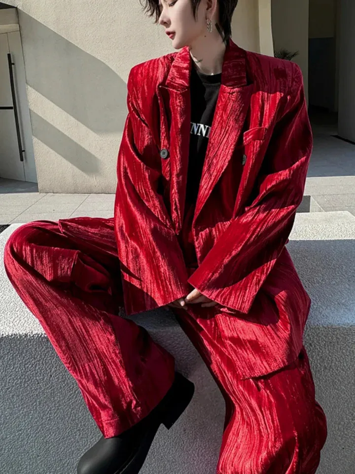 Mens Red Velvet Two Piece Suit, Double Breasted Jacket & Pants