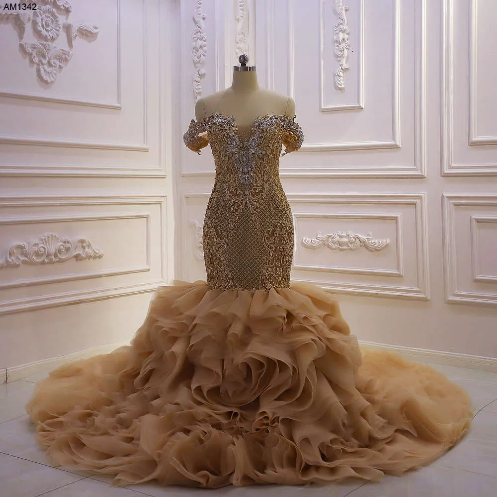 Champagne Mermaid Wedding Dress Off The Shoulder Full Beading Ruffles Bridal  Gown From Babynice888, $1,391.38 | DHgate.Com