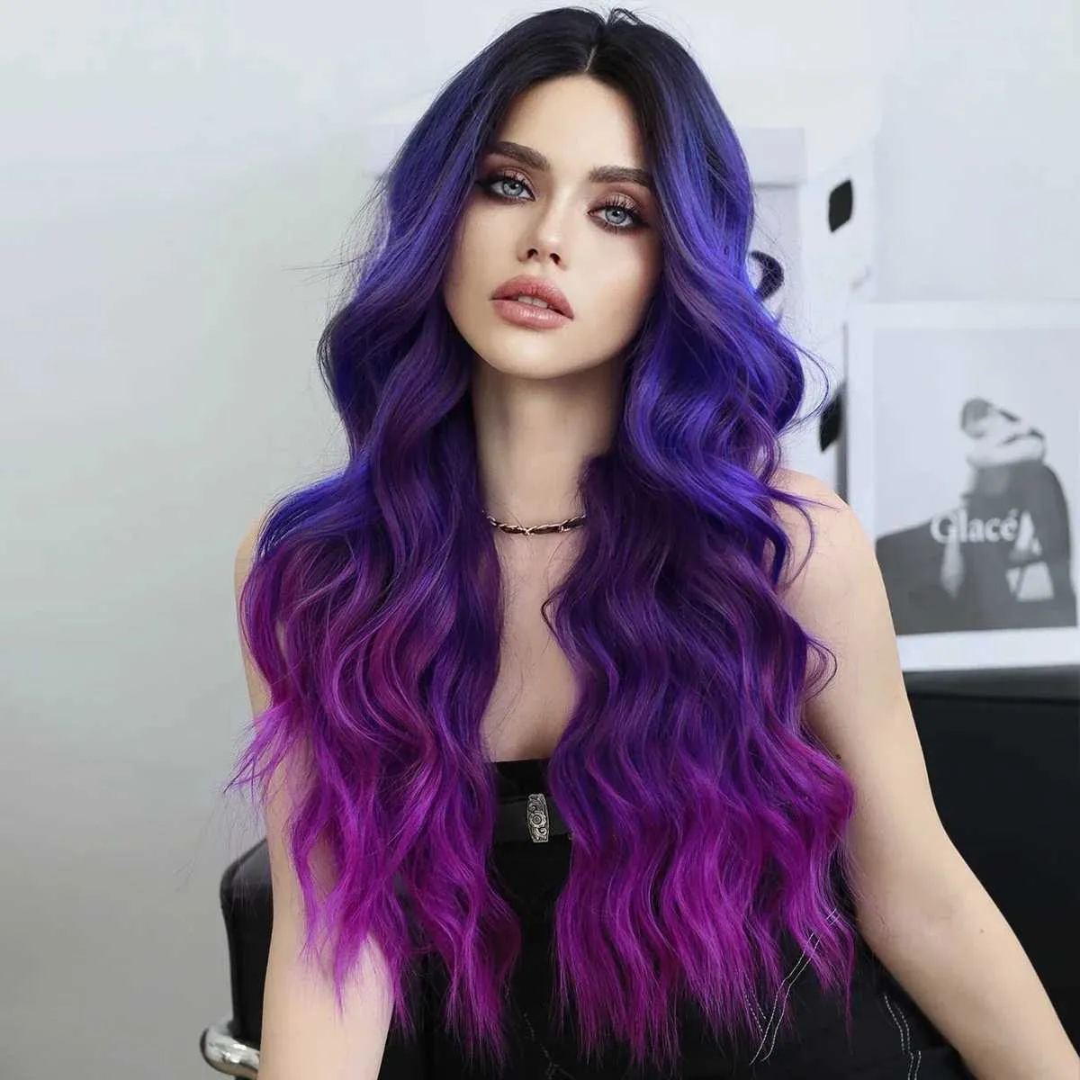 Curly Lacefront 5X5 freepart purple blue black wig Dark Blue Curly Synthetic Lace Front Wig Natural Afro Long  main image 3