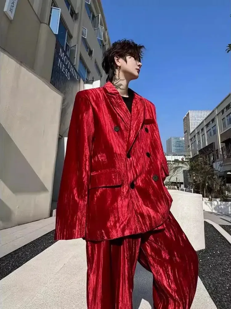 Mens Red Velvet Two Piece Suit, Double Breasted Jacket & Pants