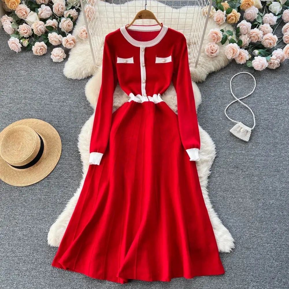 red knit dress casual Women Long Sleeve Ribbed Knit Short Dresses Fall Winter V Neck Casual Swing A Line Sweater Dress Brick Red L