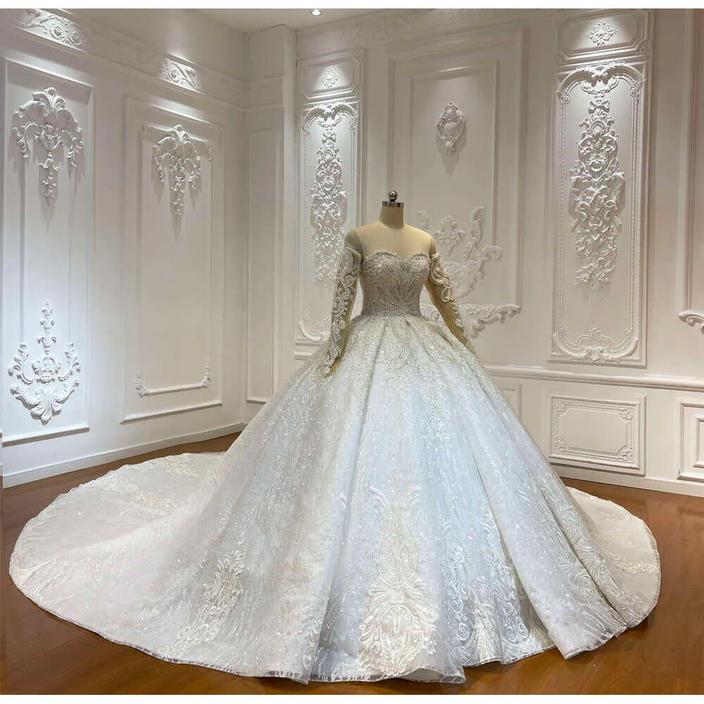 Detachable Sleeve Lace Glitter Wedding Ball Gown - M002