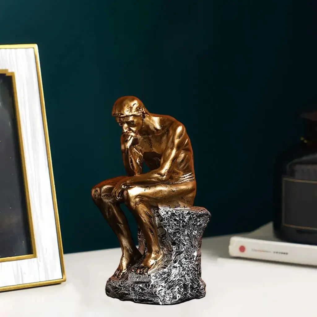 Statue Penseur Moderne Abstrait – Sculpture Résine Or, Déco Minimaliste Salon Bureau