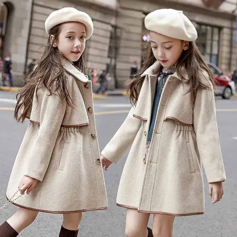 Long Warm Trench Coat Winter Beige Wool Blend Overcoat For Little