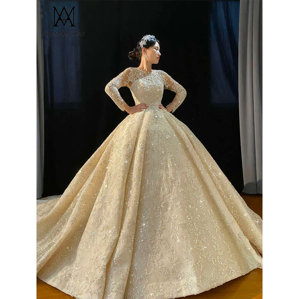 Sleeve Lace Appliques Long Train Wedding Dress Elegant Bridal Gown With ...