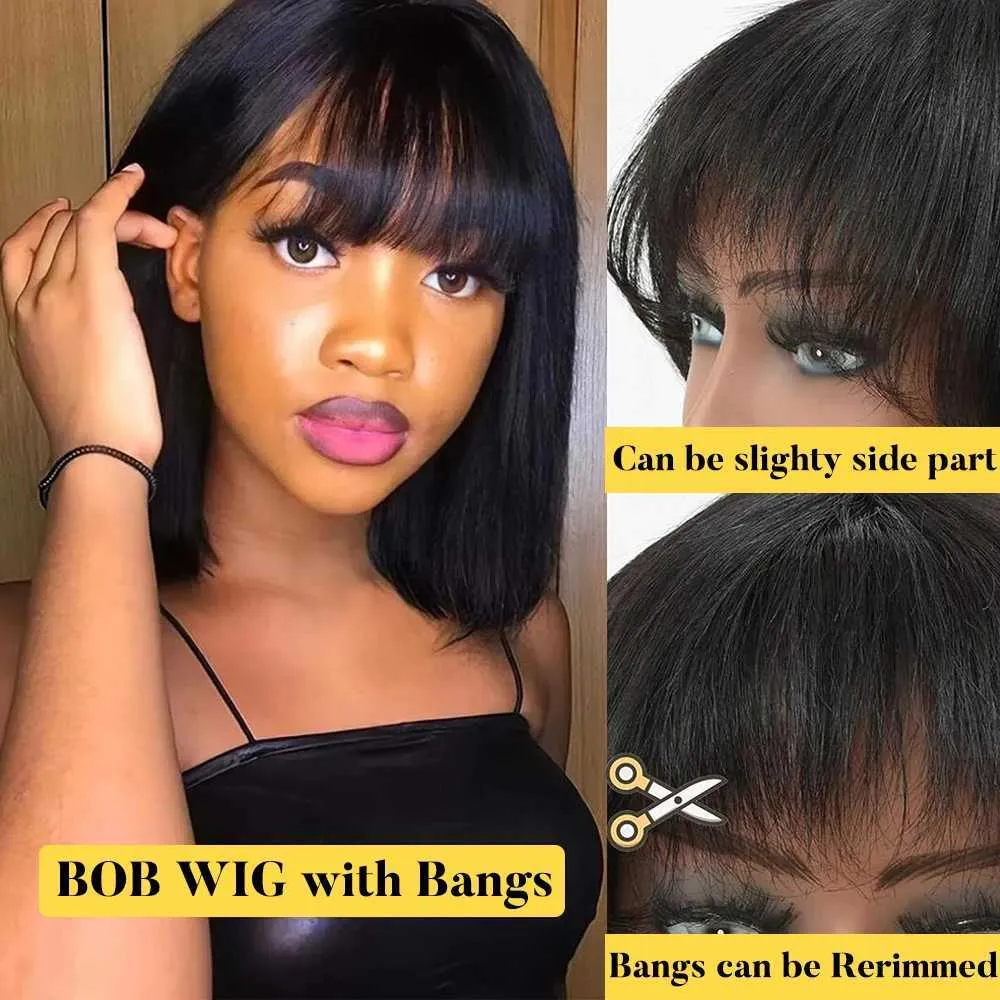 Bob Wig With Bangs 180% Density Straight Hair Short Bob Wig  display picture 2