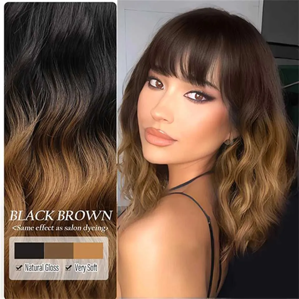 Ombre Brown Bob Wig: Black to Brown Short Wavy Wig with Bangs Shoulder  Length, Best Seller!
