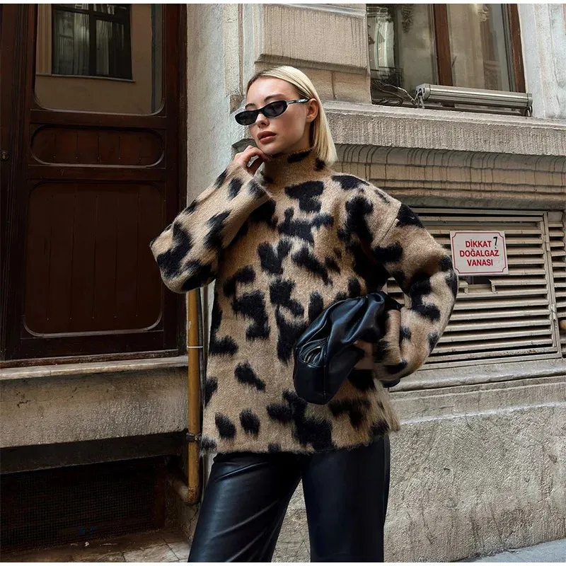 Casual Mohair Leopard Print Women Sweater Fashion Turtleneck Long