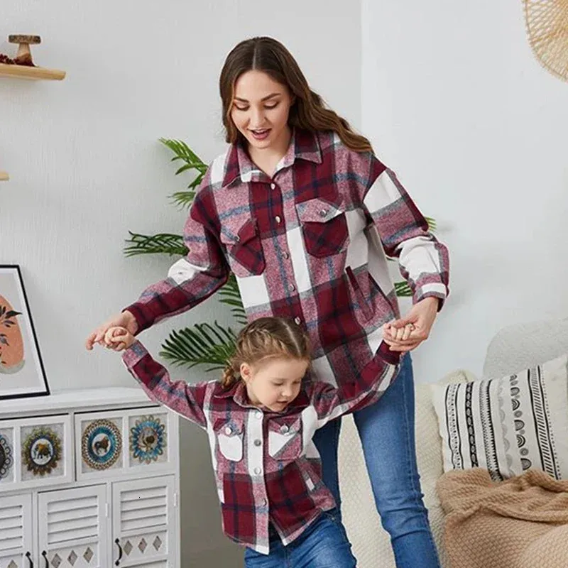 jeans plaid jacket second female shirt jacket Autumn Winter Matching Clothing For Mom And Daughter Wool Shirt
