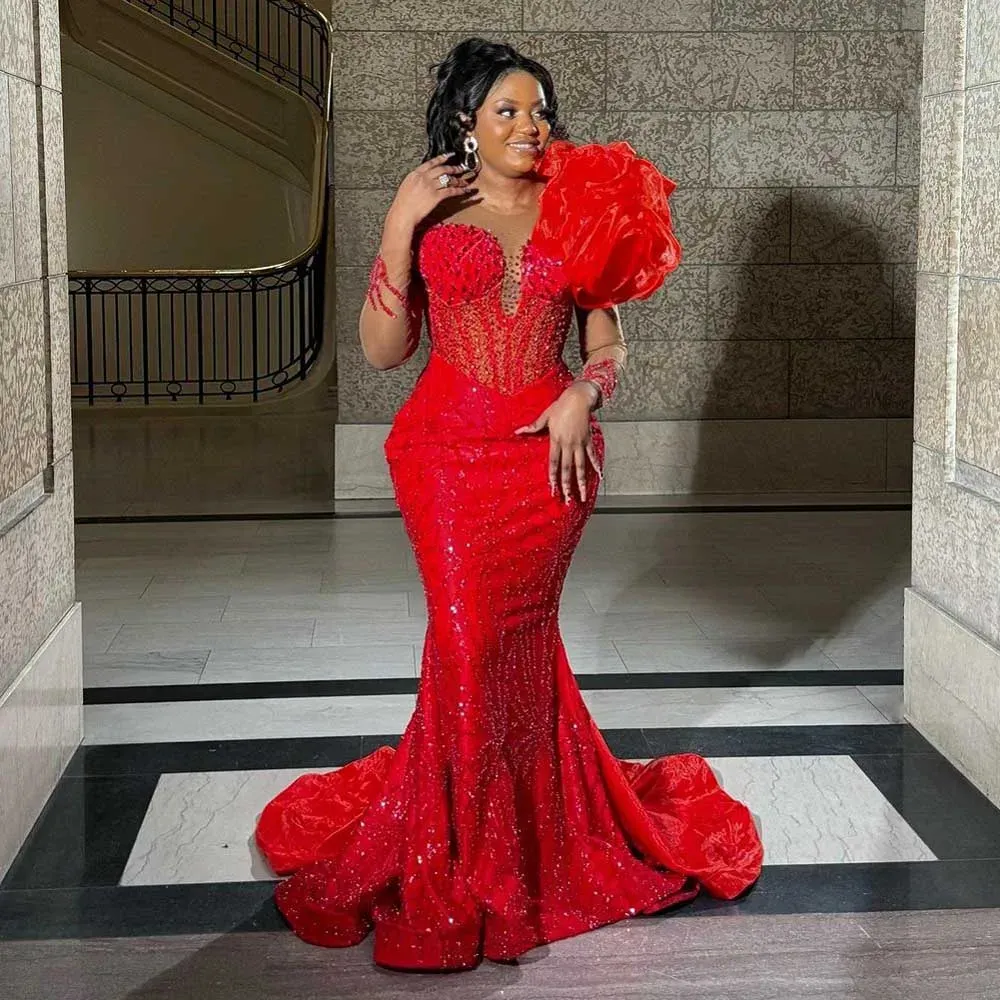 Red Beaded Mermaid Red Sequin Formal Dress with Ruffle Neckline and Long Sleeves - Luxurious Formal Gown for African, Arabic, and Black Girls, Prom,