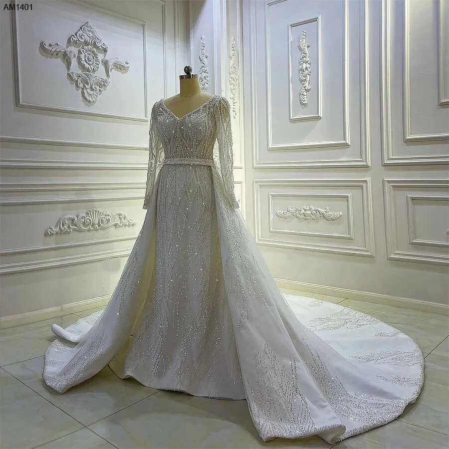 Custom Mermaid Wedding Dress with Detachable Lace Skirt and Belt - V-Neck Full Sequin Detailing
