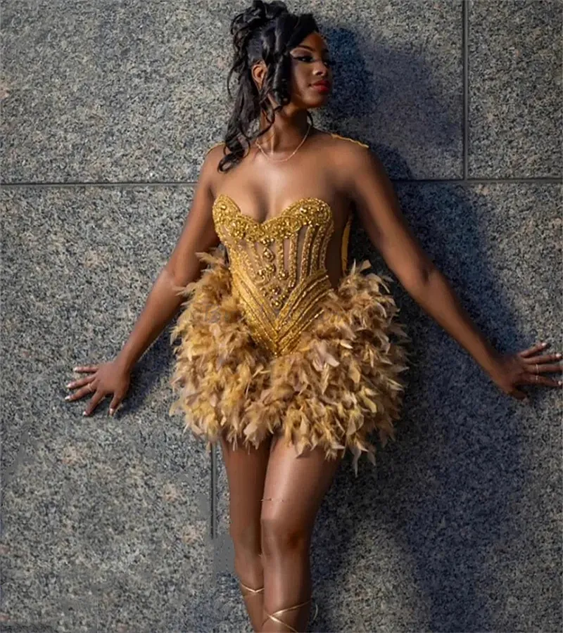 Save Big on Bulk Gold Short Party Dresses Short Gold Beaded Mini Dress  Crystals, Feathers Cocktail Party Dress Sheer Neck, Back Zipper Best  Deals