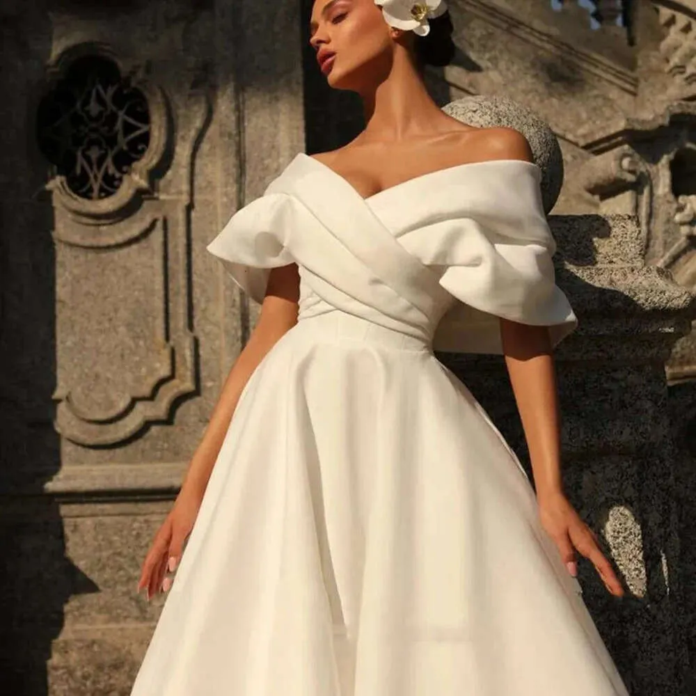 Off-Shoulder Satin boho ballgown wedding dress with Sweep Train - Elegant and Customizable Plus Size Bridal Gides