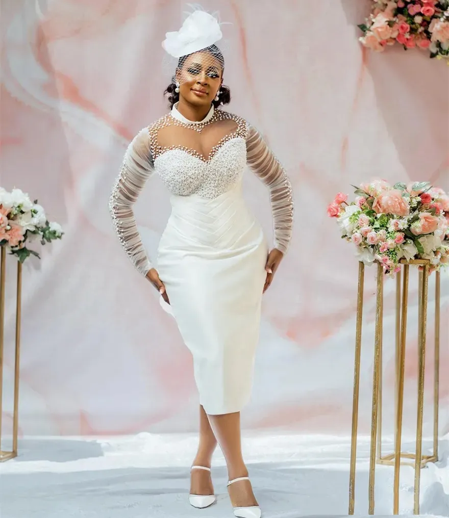 Satin Dress White Long Sleeve Tea Length Dress Elegant Tea Length