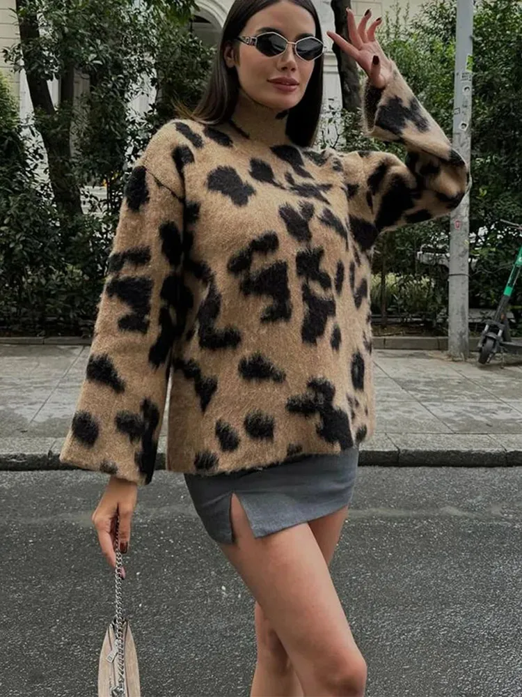 Casual Mohair Leopard Print Women Sweater Fashion Turtleneck Long