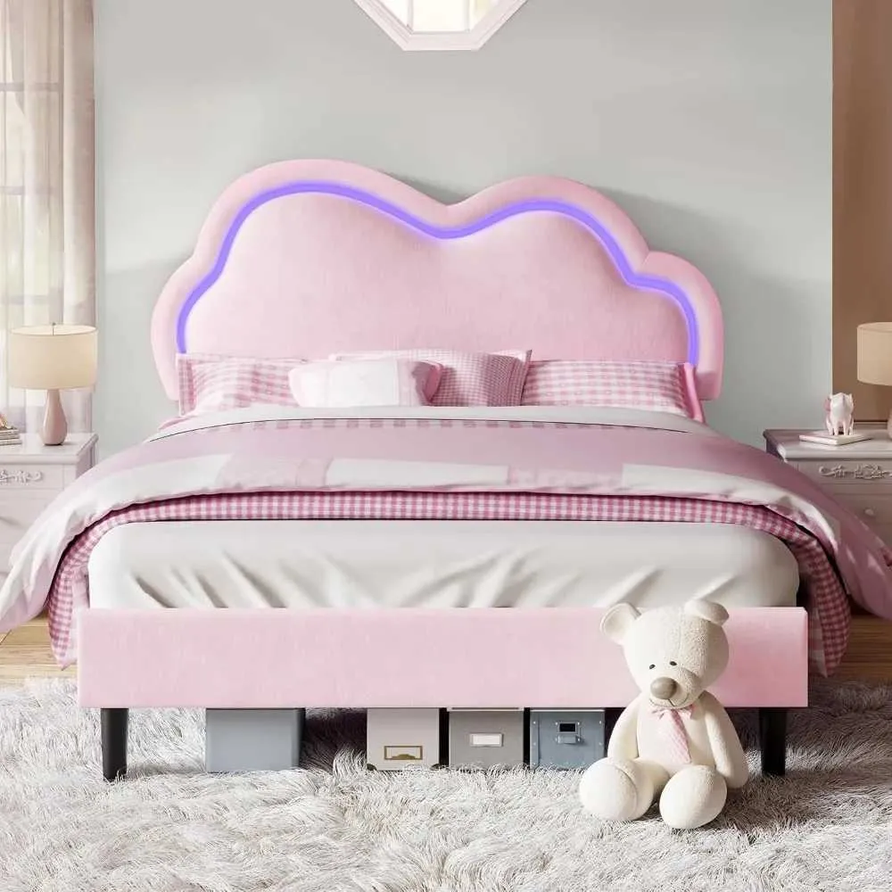 Pink Velvet LED Bed Frame: Large Platform Bed with Adjustable Cloud ...