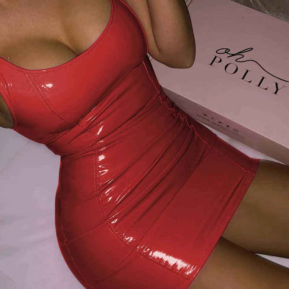 Women PU Leather Sexy Slim Dresses Low-cut Sleeveless Nightclub Silver Black Bodycon Dress Female Evening Party Short Mini Dress