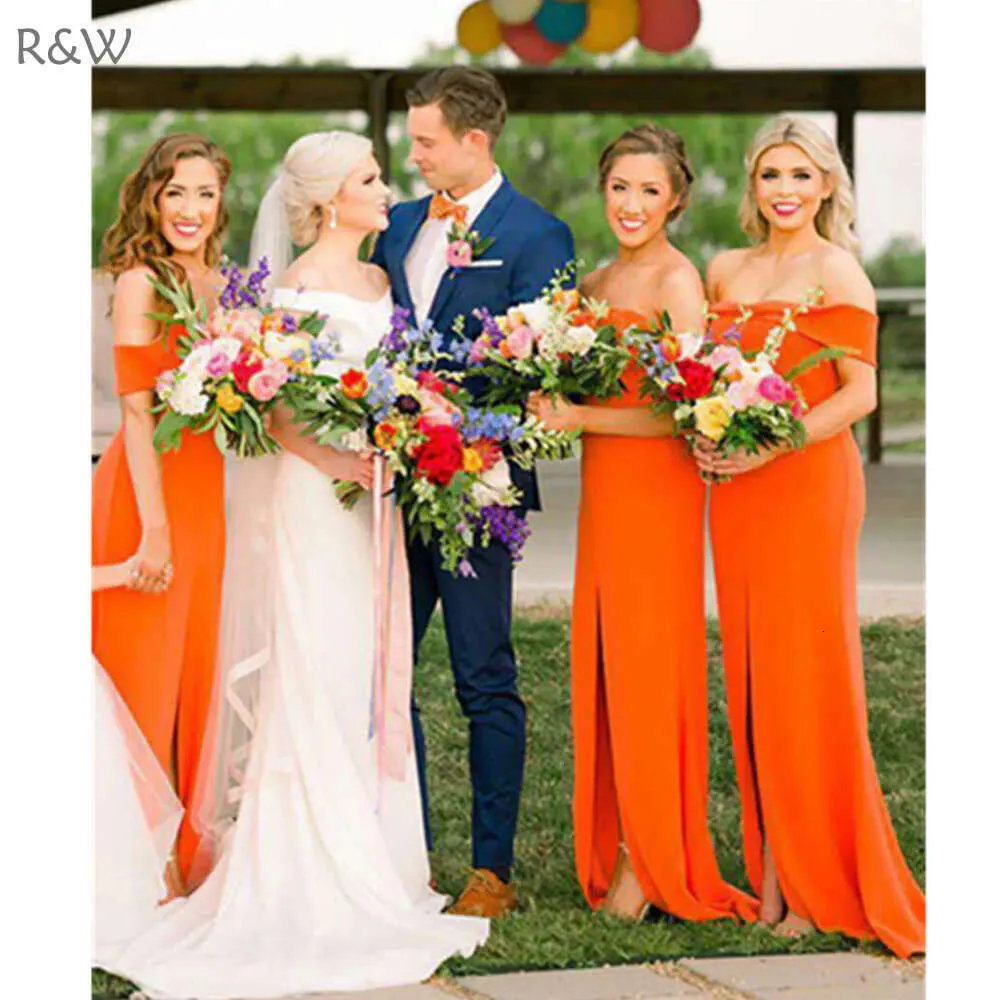 Elegant 2021 Burnt Orange Chiffon bright Orange bridesmaid dresses with Off-Shoulder and Front Spilt Gown - Custom Made