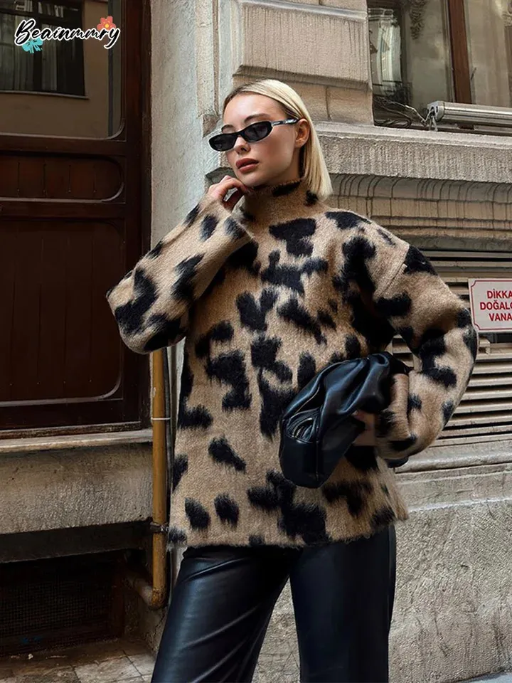 Save Big on Bulk Leopard Print Sweater Women Casual Mohair Leopard Print  Women Sweater Fashion Turtleneck Long Sleeve Knitted Jumper Autumn Female 