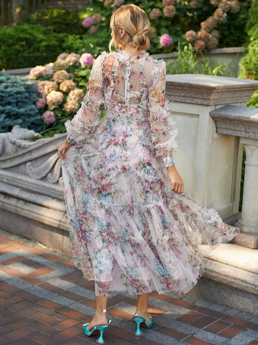 Women's Elegant Lace Lantern Sleeve Print Vacation australian ball dresses with Cascading Ruffle - Autumn Runway Style (Style 241030)