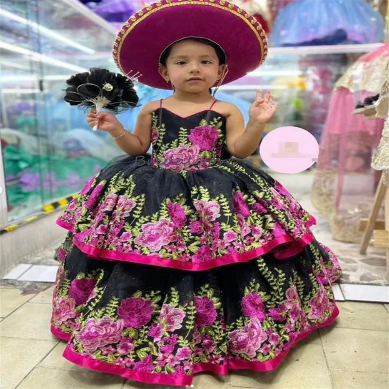 Mexican Embroidered flower girl dress with Charro Spaghetti Straps - Perfect for Fancy Christmas, Birthday, Pageant, and Quinceanera - Jalisco 2025