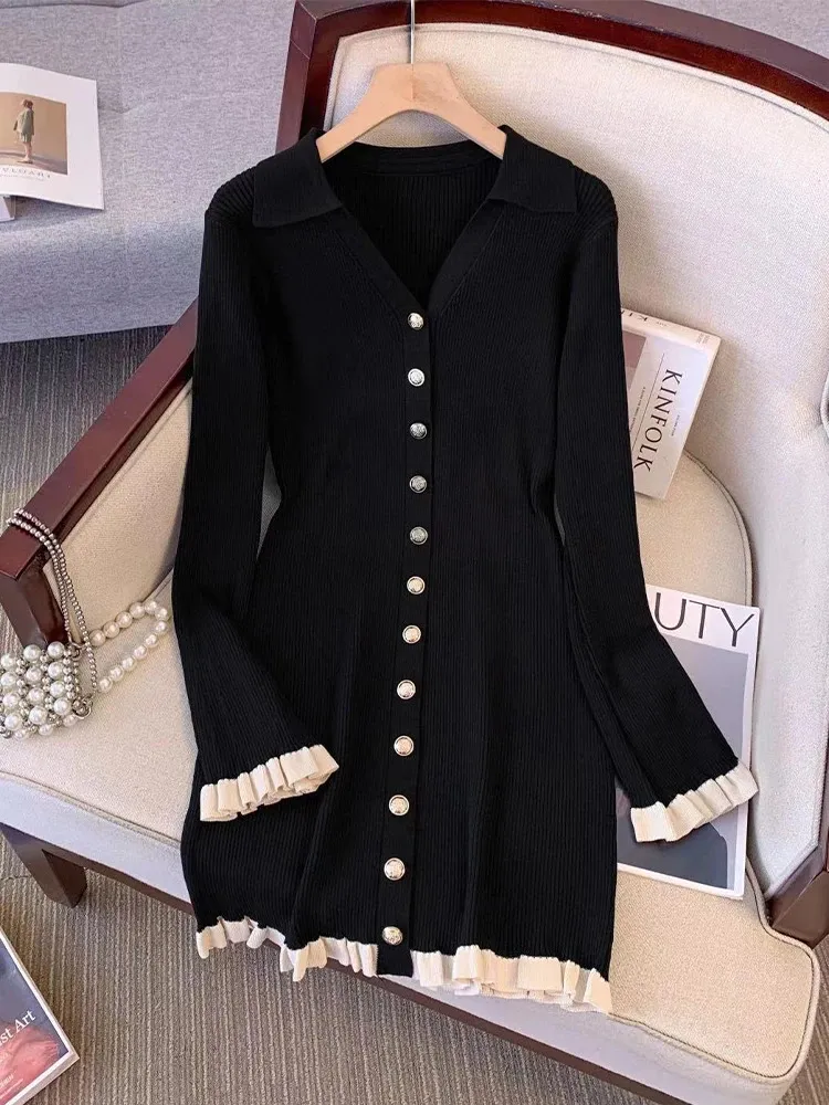 Vintage French Fashion Old Money Knit Knitted Jumper Dress for Women - Autumn/Winter 2000s V-Neck Mini One-Piece Coquette with Long Sleeves and
