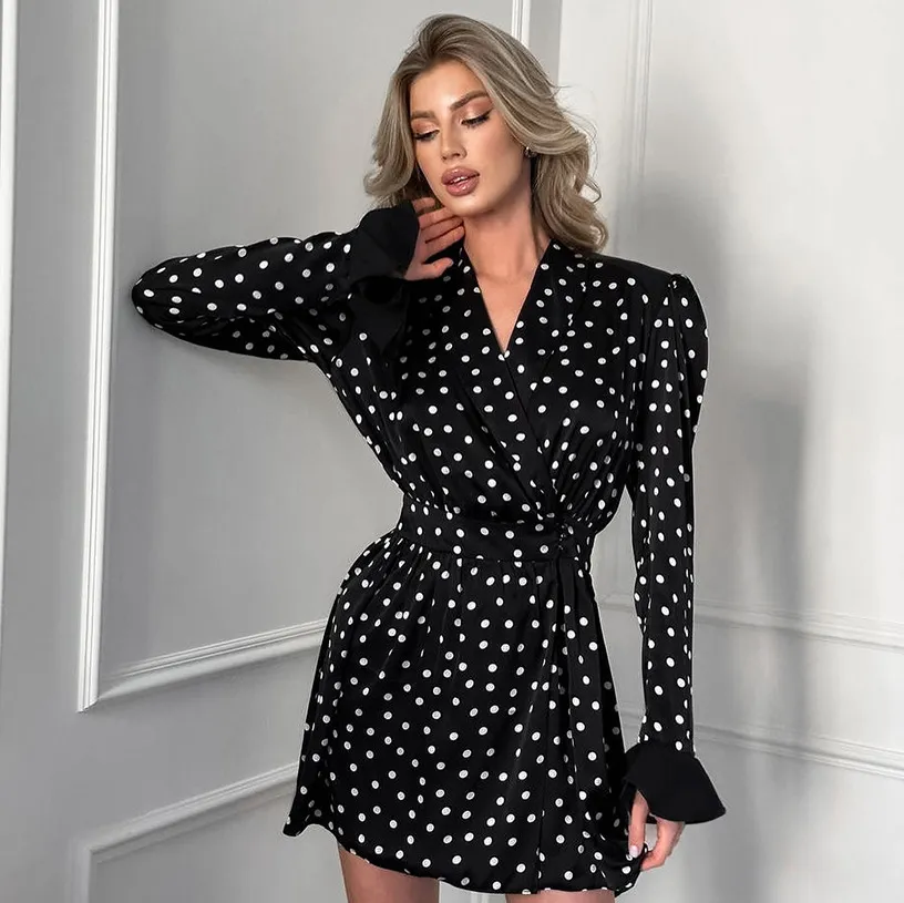 princess polly baby blue dress Fashionable V Neck Bubble Sleeve Polka Dot Lace Up A List Dress 2024  European And American Autumn Winter Cross Border New Wholesale Short Skirt  For Women From Moshoes016, $29.75