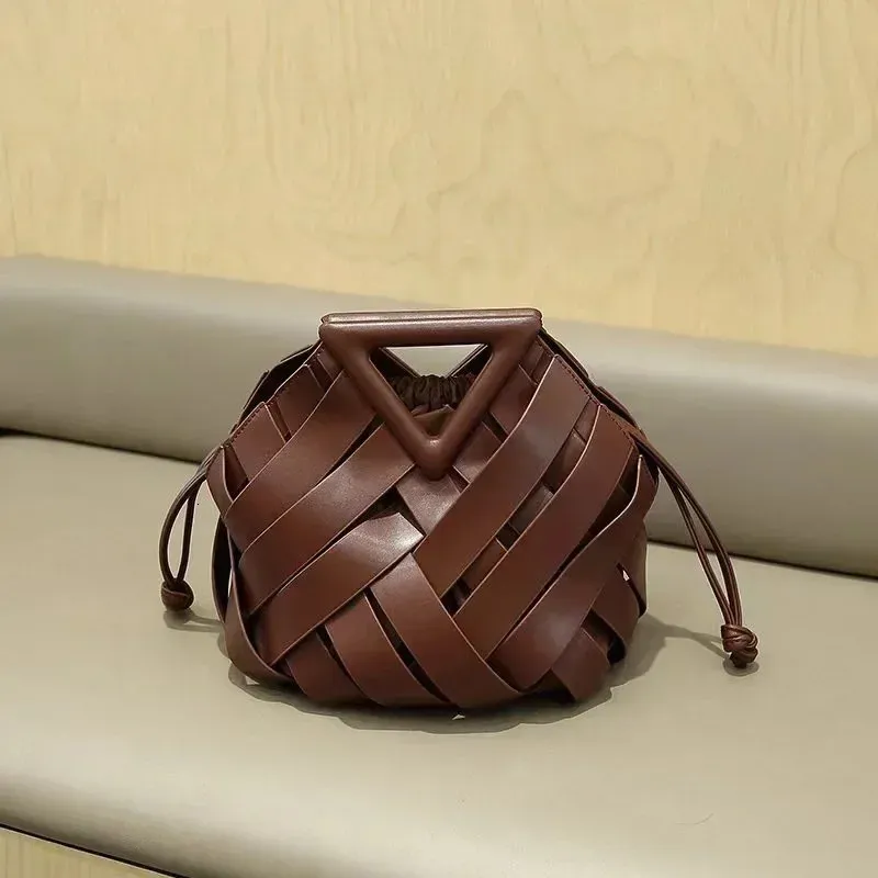 Bolso De Hombro Tejido Marrón De Alta Costura |Bolso De Cubo Hueco