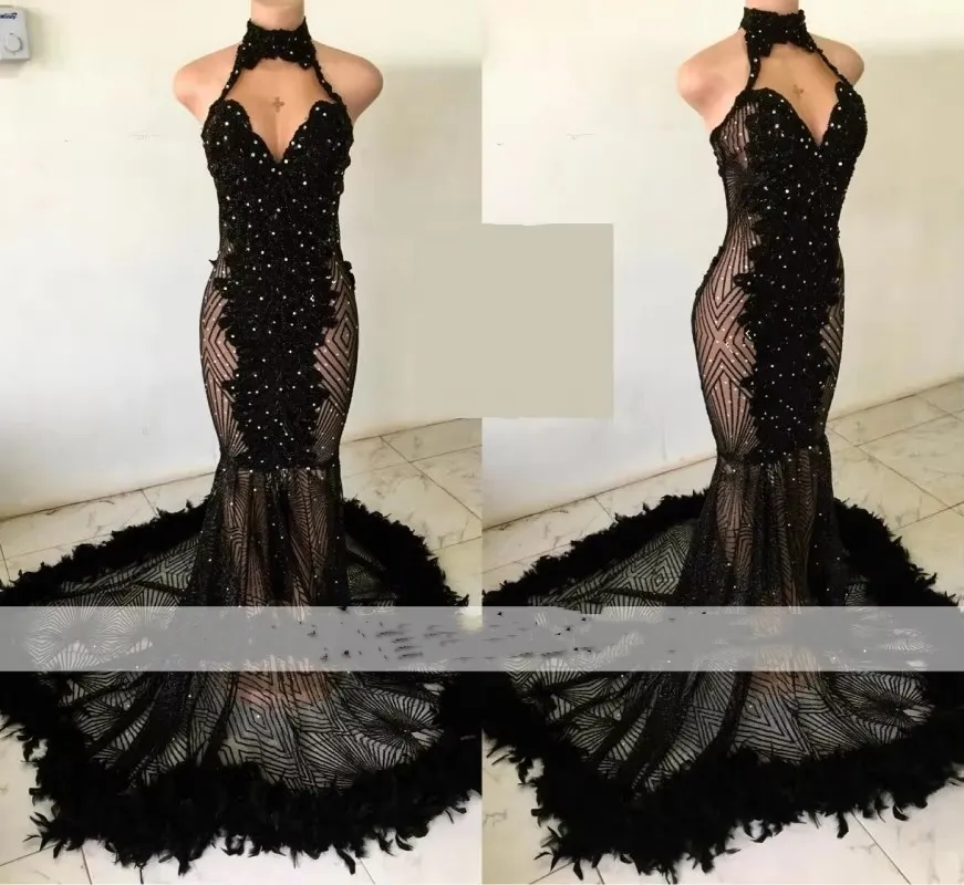 Elegant Black Halter Mermaid Prom Dress with Sparkling Sequin Embellishments