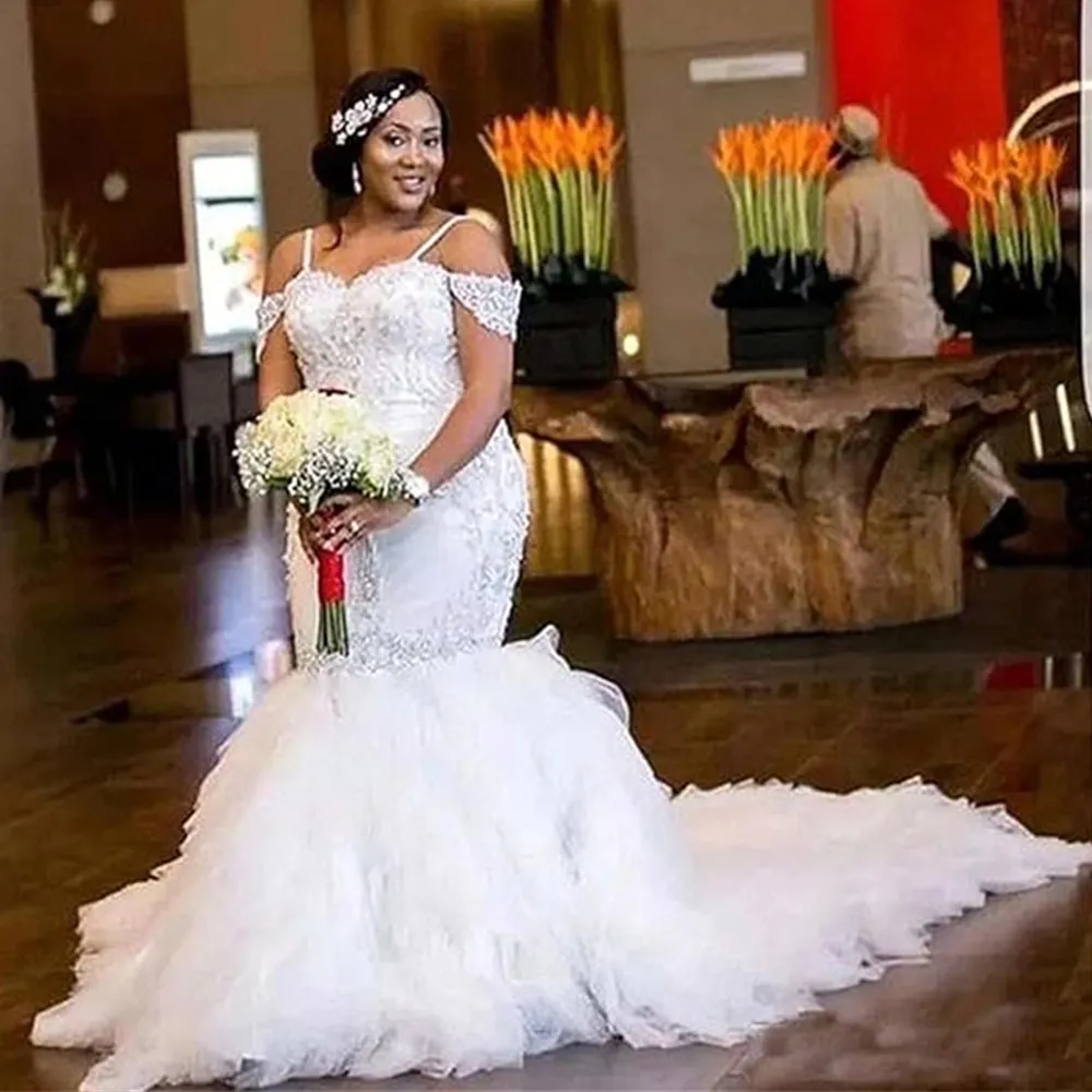 Plus Size African Mermaid Valdrin Sahiti Wedding Dresses With Spaghetti Straps Lace Appliques Beading Tiered Ruffles And Organza Fabric Perfect For Brides On The Go From Fittedbridal 146.26 DHgate.Com
