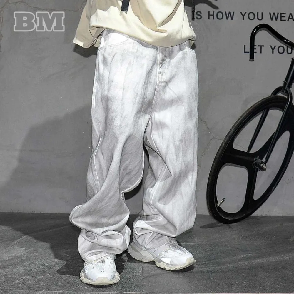 White Baggy Skater Jeans Mens Y2K Style Denim Cargo Pants Korean - Main Image