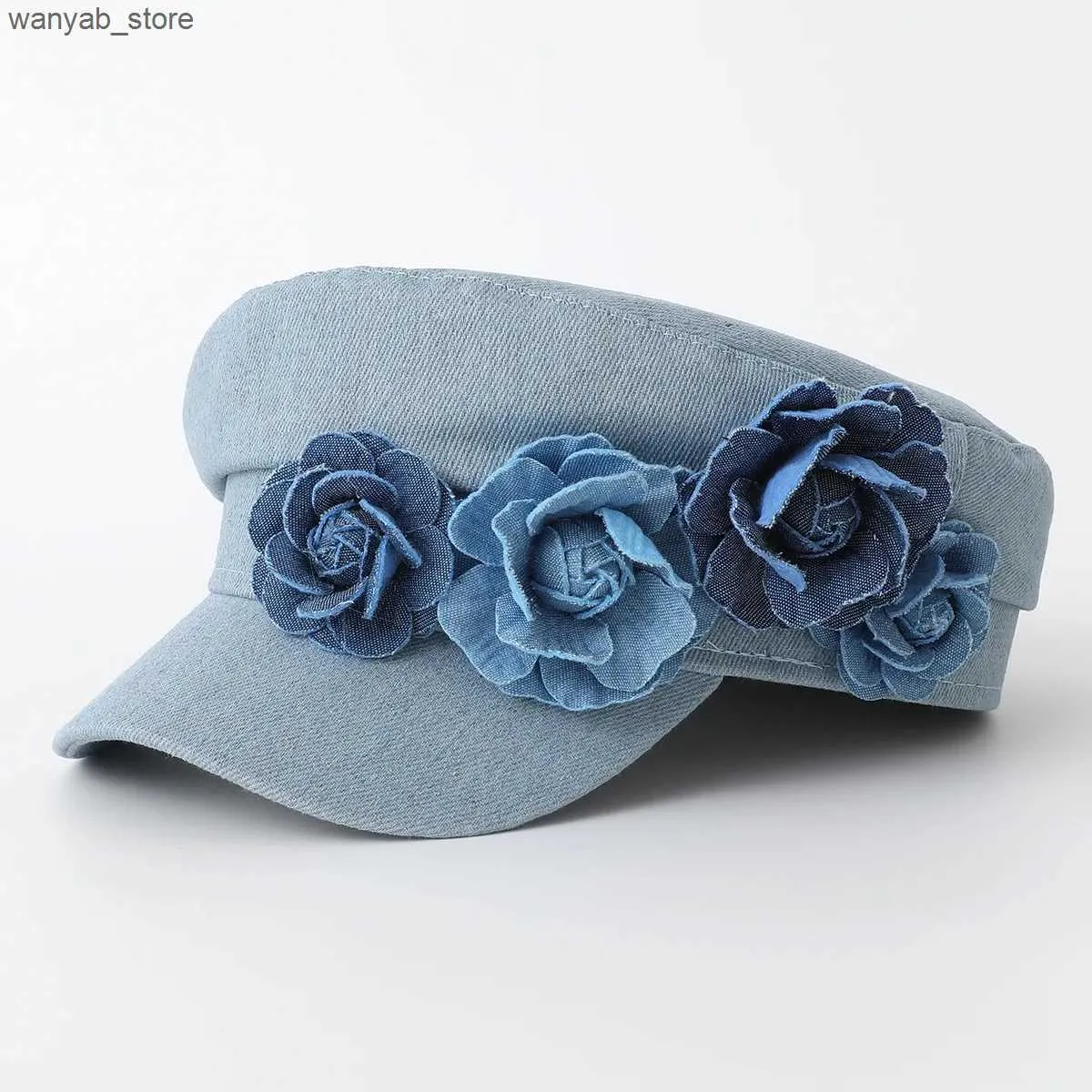 Elegant Women\'s Blue Hat with Floral Accents Navy Blue Wide-Brim Floral Sun Hat – Vintage Boho Summer Hat  main image 2