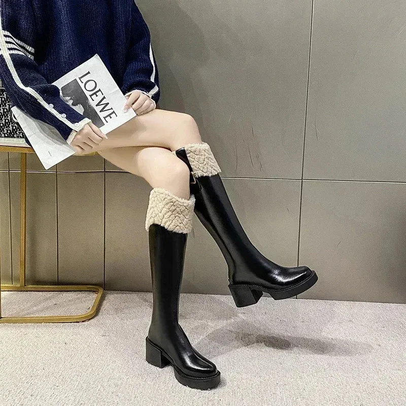 GENSHUO Women's Knee High Boots - Chunky 3.15" Heel, Square Toe, Side Zipper, Faux Leather Long Boots For Fall Winter