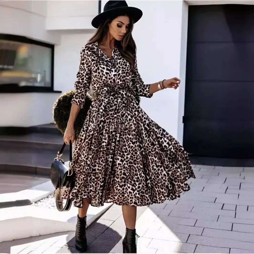 Cross-Border Leopard Print midi dress with sleeves for Women - Best-Selling Autumn/Winter Clothing Station