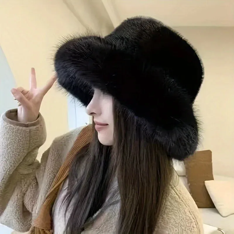 Fashion Faux Fur Bucket Hat For Women Oversized Fluffy  display picture 1