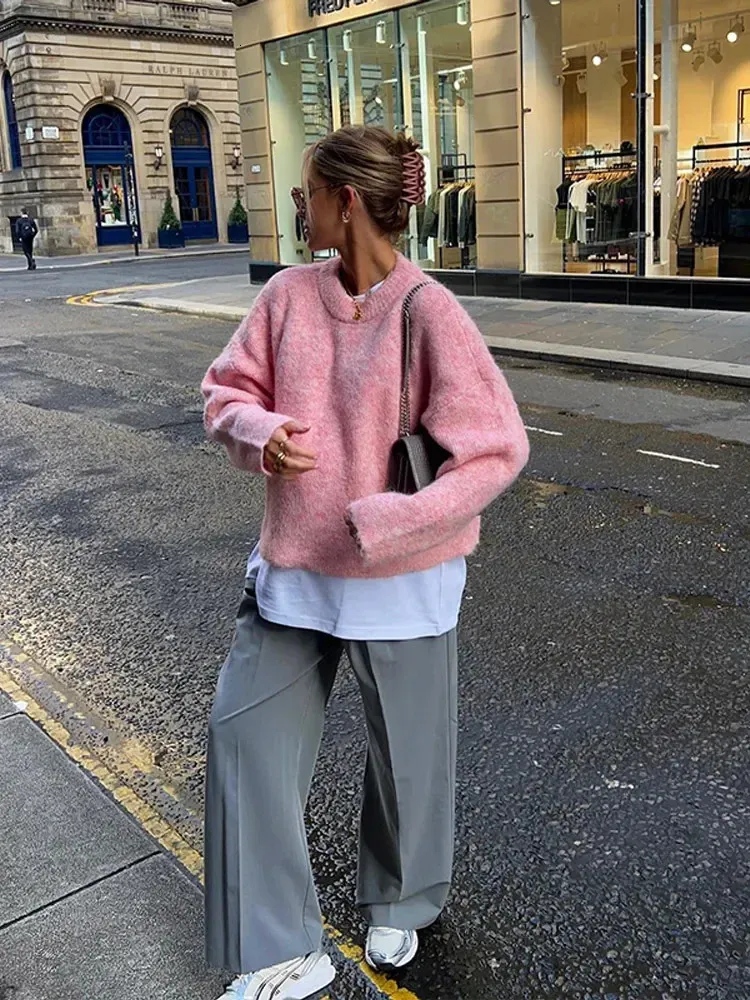 Cable Knit Sweater Pink Sweater Grey Pants Pink Cable Knit Jumper - Main Image