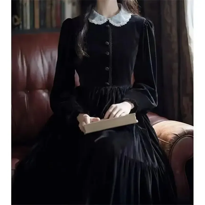 Long Sleeve Black Velvet Dress Womens Autumn Winter Elegant Maxi Dress  Retro Princess Style