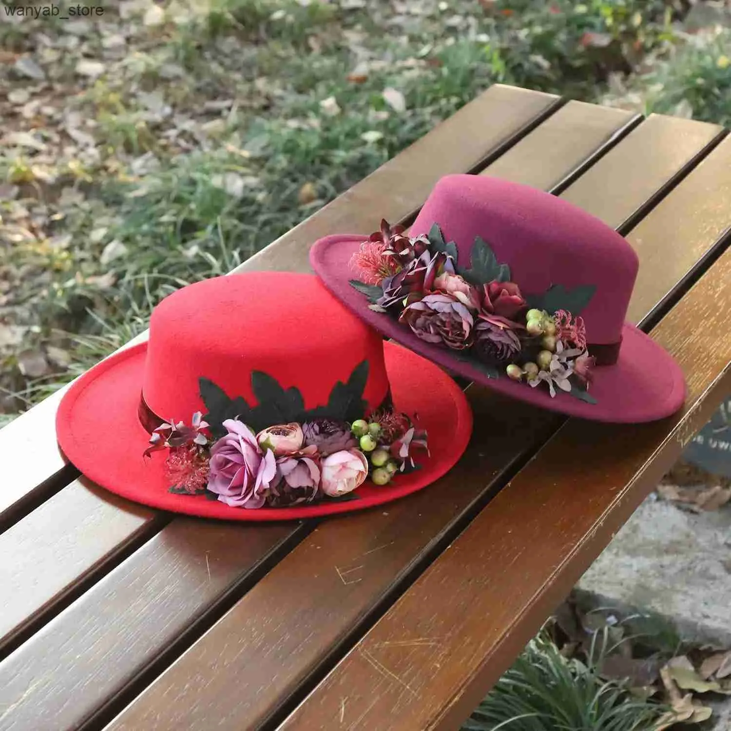 Elegant Red Women\'s Hat with Floral Accent Elegant Red Floral Statement Hat With Satin Blooms and Gem  main image 2