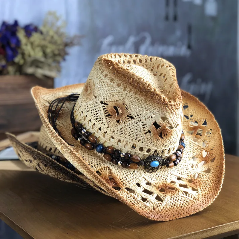 Cappelli a tesa larga Secchio Cappello da cowboy in paglia naturale Donna Uomo Tessuto fatto a mano per Lady Nappa Estate Sombrero occidentale Hombre Bagnino 230831